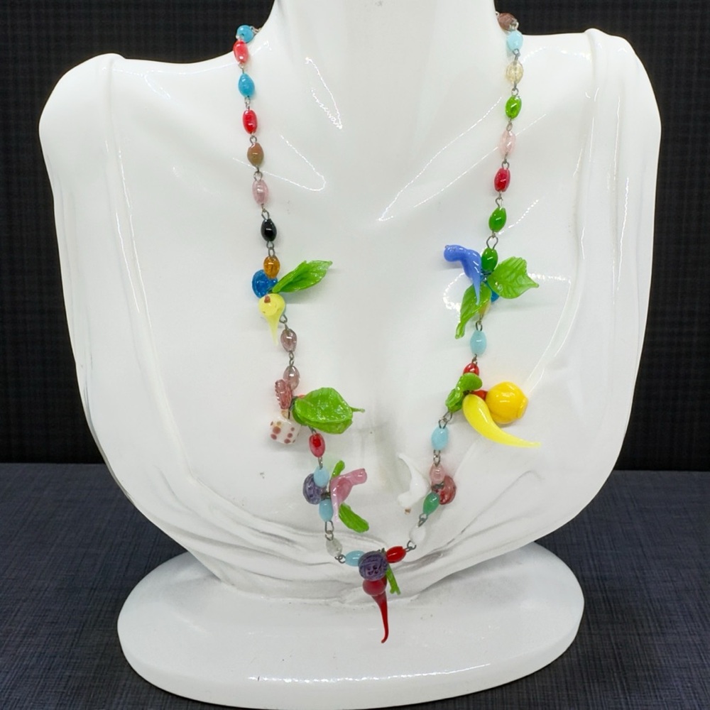 Vintage Multicolored Murano Glass Birds, Leaves & Blossoms Necklace